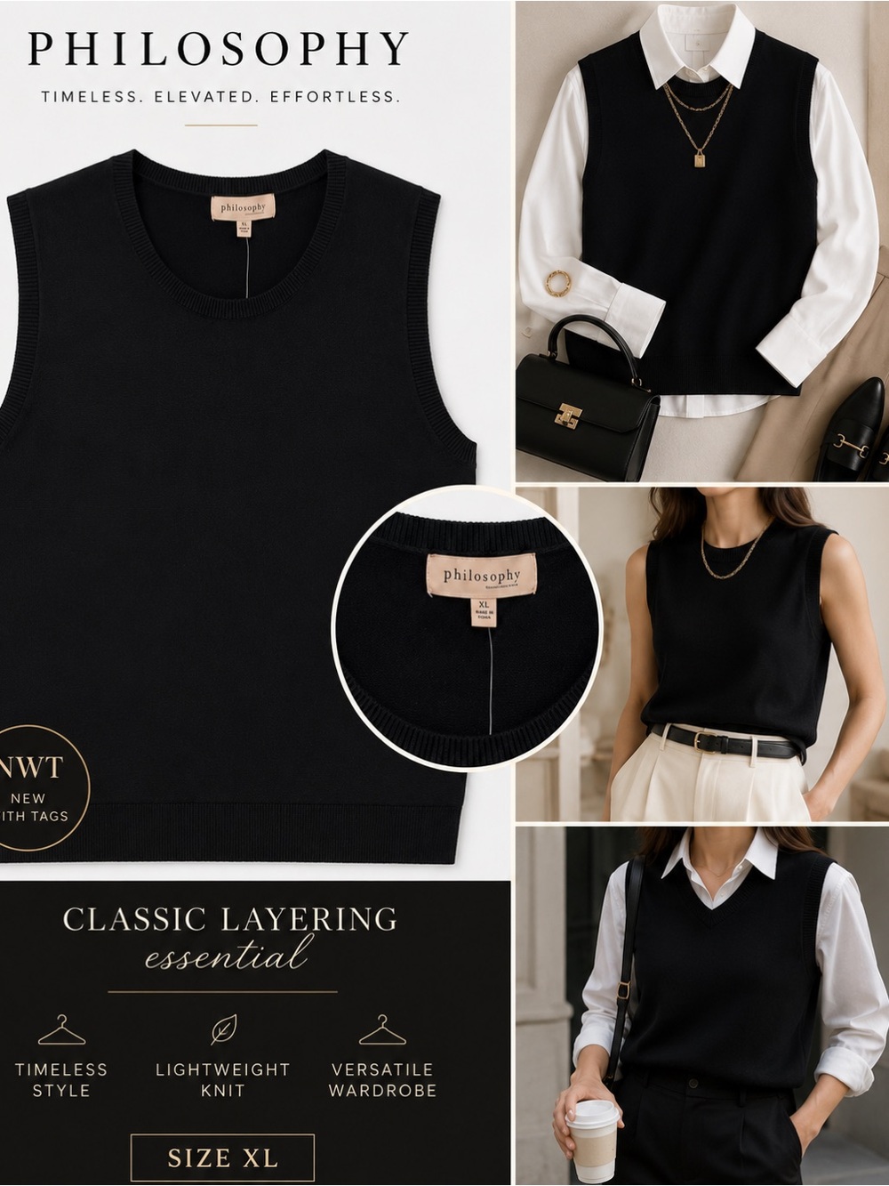 Philosophy Black Sleeveless Pullover Sweater Vest XL NWT Classic Layering Top